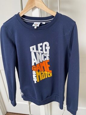 Lacoste Navy Blue Graphic Crewneck Sweatshirt with White, Orange & Yellow Print